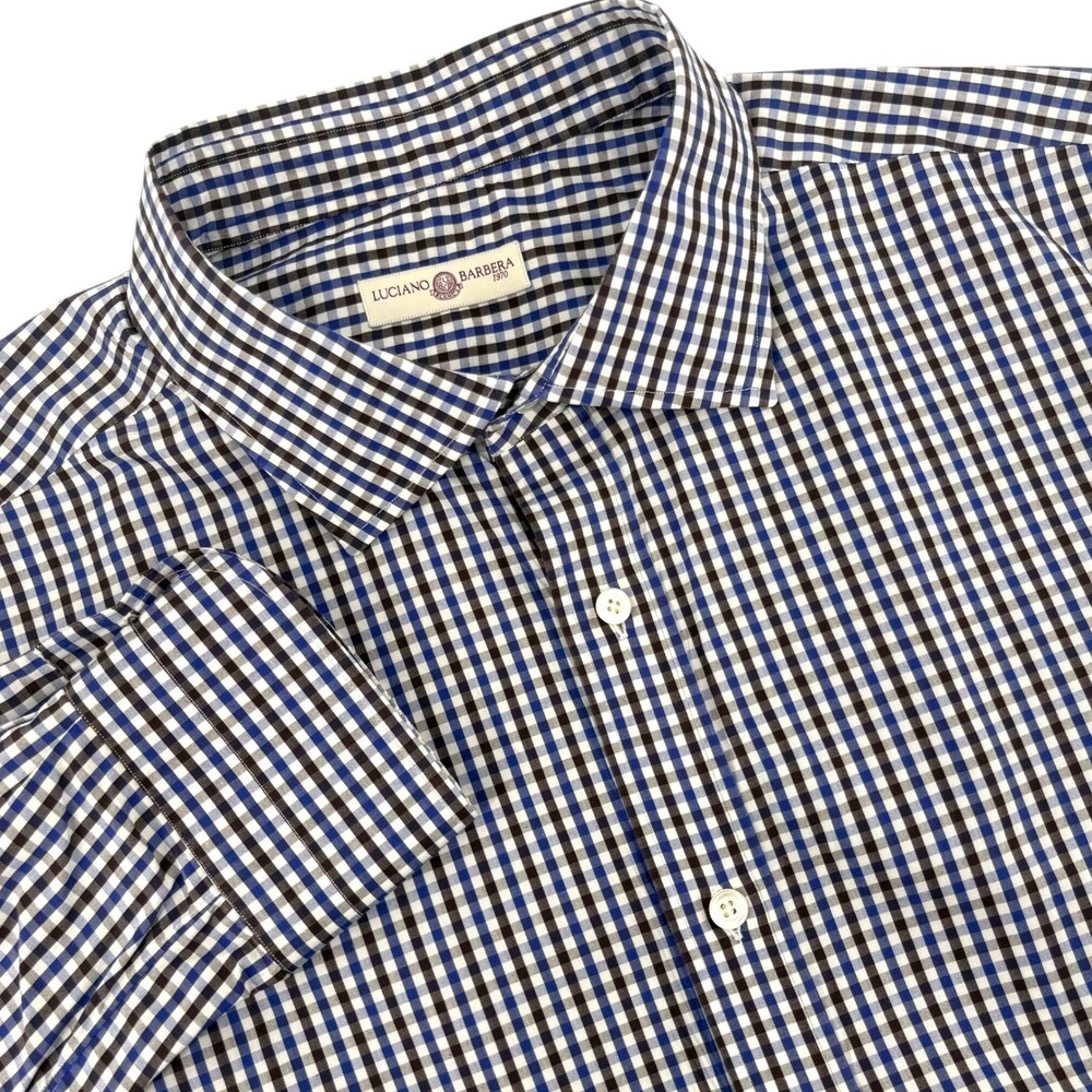 Luciano Barbera Mens 2XL Blue Brown Gingham Check Cotton Button Down Shirt Italy
